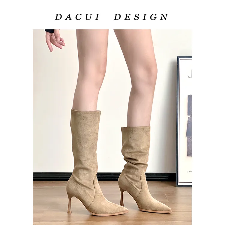 显白暖系堆堆靴温柔风两穿长短靴尖头细跟瘦瘦靴不过膝复古中筒靴