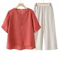 套装女2025新款夏季T恤刺绣套装裤子女中年妈妈装大码休闲