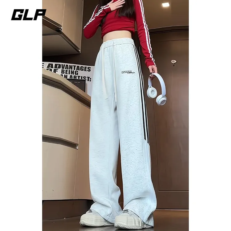 美式潮流重磅卫裤男女款春秋三条杠条纹运动裤慵懒通勤直筒休闲裤