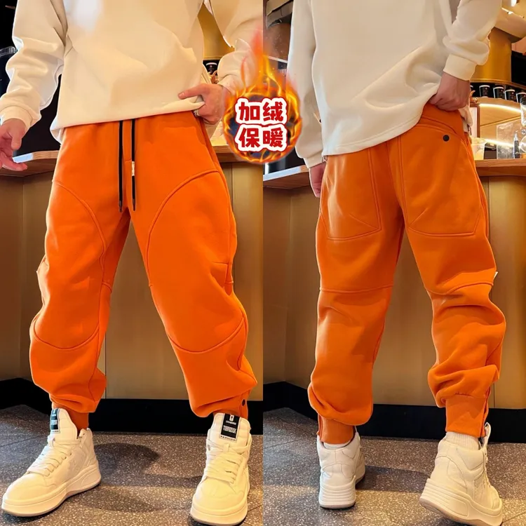 冬季男士加绒加厚休闲裤高级感定制抽绳松紧腰束脚卫裤宽松弯刀裤