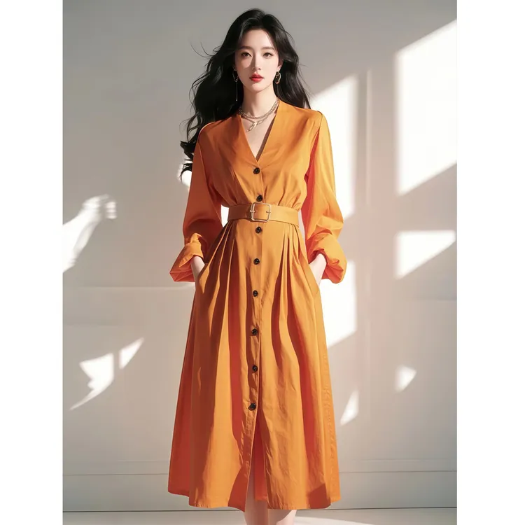 2025春季新款女装法式高端气质绝美独特漂亮橘色长袖衬衫连衣裙子