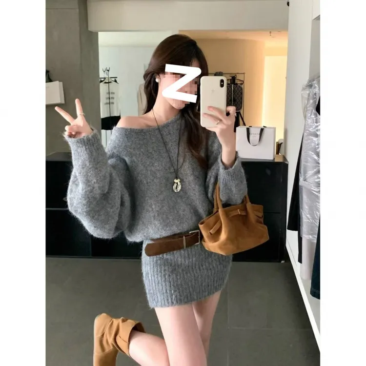 早秋韩板女装性感一字肩针织连衣裙时尚纯欲慵懒风显瘦包臀裙子