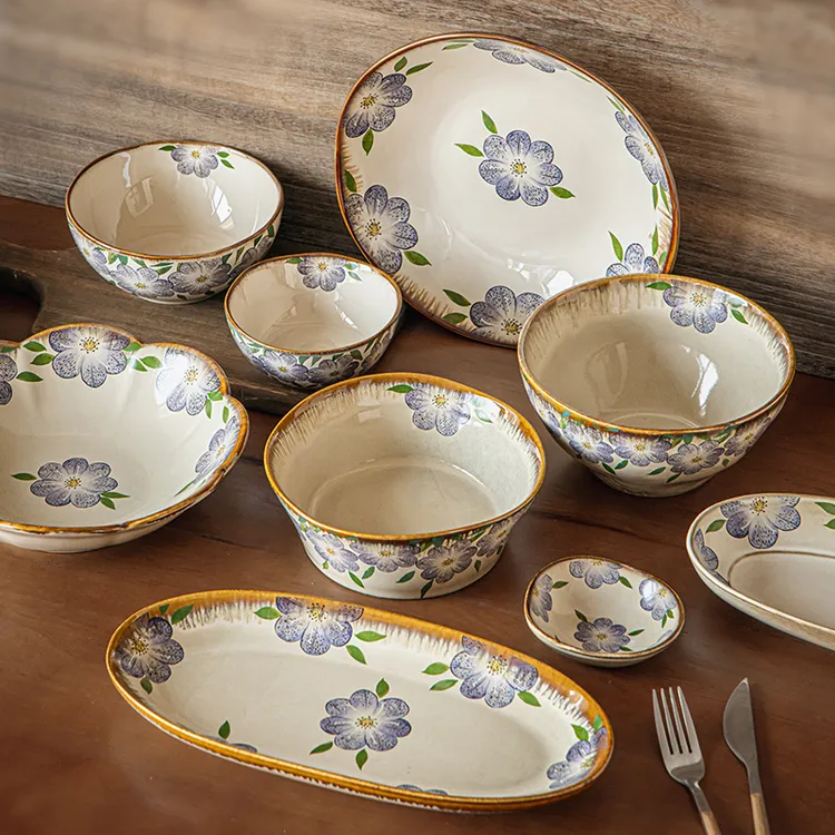 小悠家 铁线莲系列中古风异形餐具家用新款饭碗陶瓷汤面碗菜盘