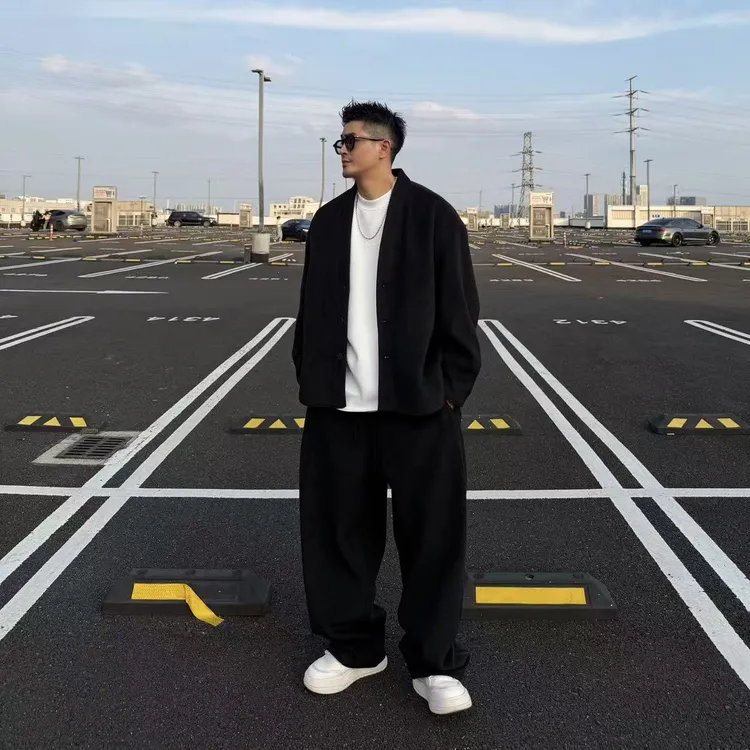 XDZZ二狗秋冬百搭宽松休闲简约廓形毛呢开衫外套长裤套装T111
