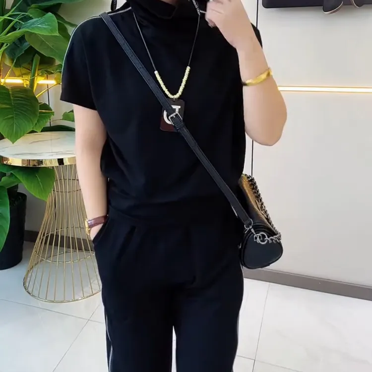 女士夏季休闲运动服套装黑色短袖长裤显瘦宽松