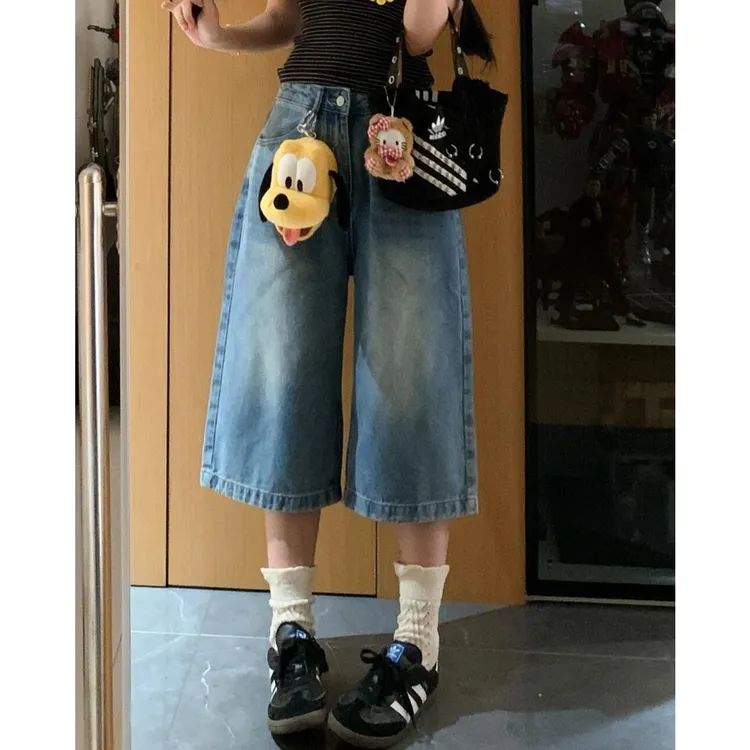 薄款七分牛仔短裤女夏季新款高腰宽松阔腿显瘦休闲直筒中裤港风