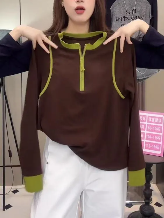 撞色拼接半拉链圆领德绒T恤女大码秋冬新款宽松休闲遮肉25161