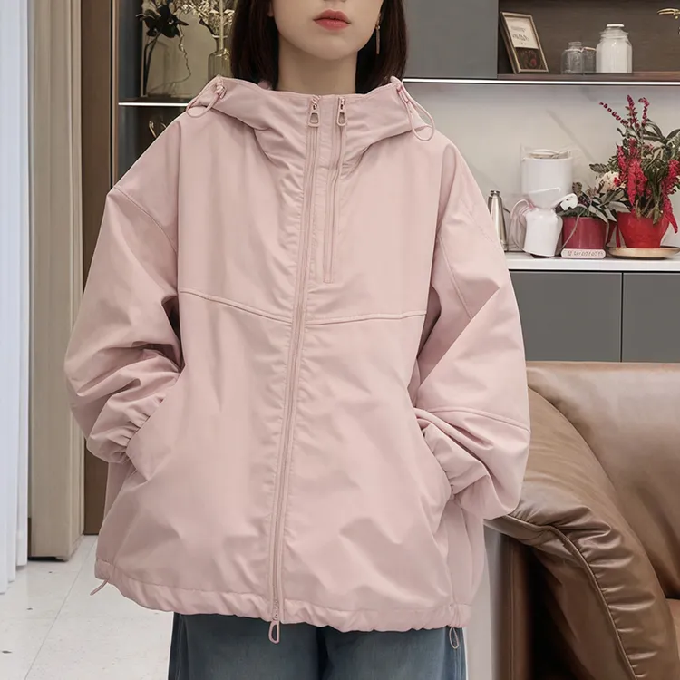 连帽双拉链外套女春秋2025新款纯色宽松休闲百搭夹克短款洋气上衣