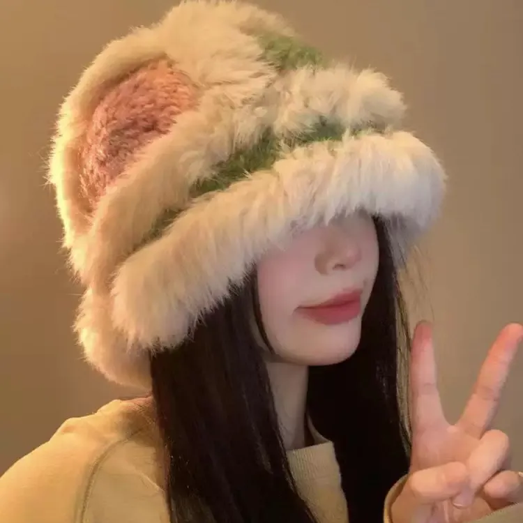 新款兔毛手工醒狮帽女冬季显脸小毛绒保暖帽加厚保暖护耳渔夫帽