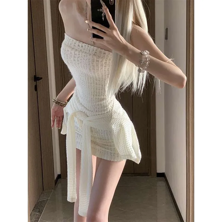 纯欲风辣妹性感一字肩抹胸连衣裙秋冬款显瘦修身包臀裙叠穿两件套