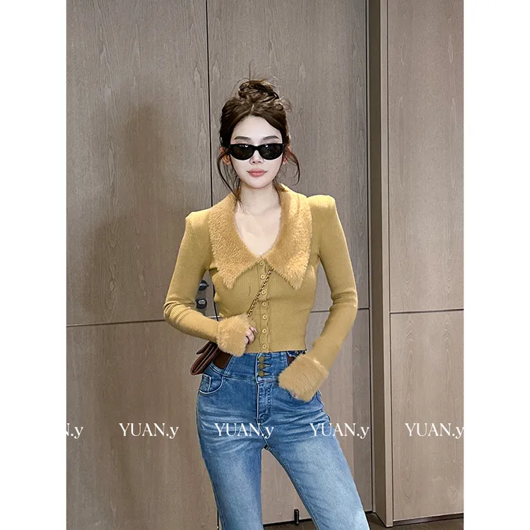 媛媛 【韩模氛围】韩版纯欲辣妹毛领拼接针织开衫新款毛衣女#M0605