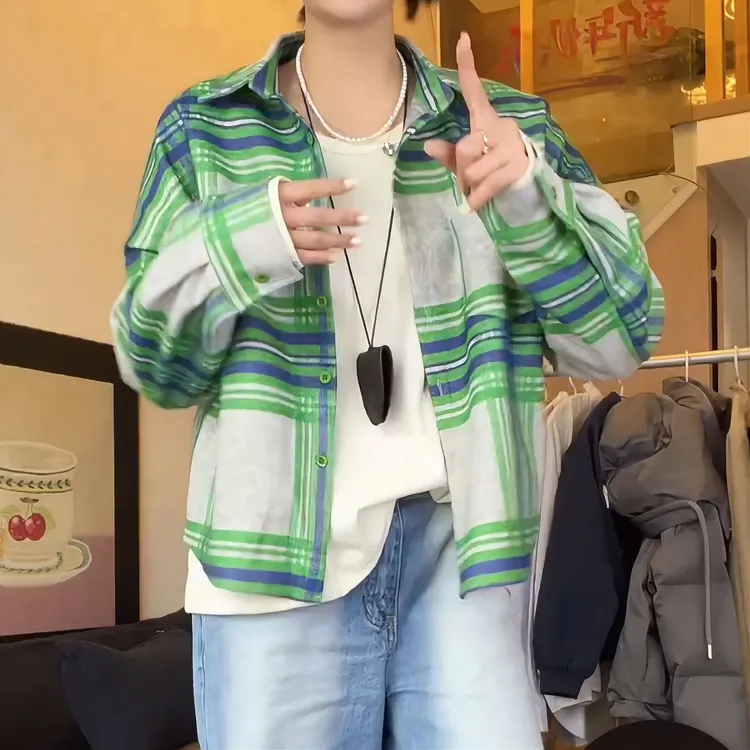 2025春季新款设计感小众绿色格纹减龄时尚盐系穿搭衬衫LK2501353