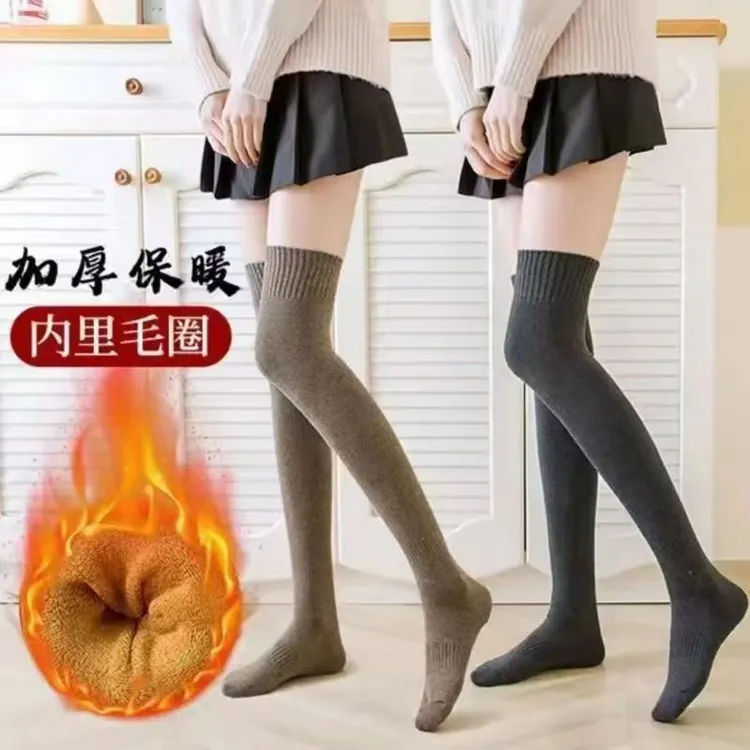 秋冬加厚过膝袜女加绒加厚保暖毛圈大腿袜JK制服高筒防滑长筒女袜
