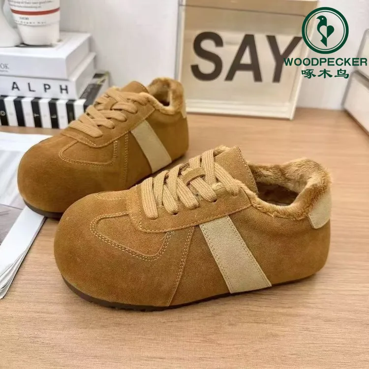 啄木鸟羊羔毛毛棉鞋女鞋子2025新款秋冬季加绒德训鞋复古阿甘鞋女
