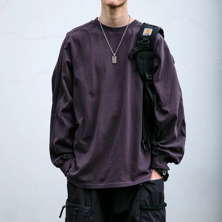 【奥莱撤柜】基础款春秋季纯色长袖T恤男潮牌宽松简约水洗情侣圆领