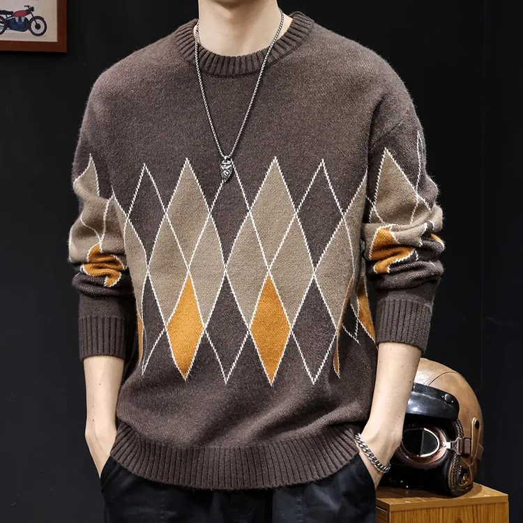 印花毛衣男秋冬款2025新款潮牌男士加厚保暖衣服重磅打底外穿大码