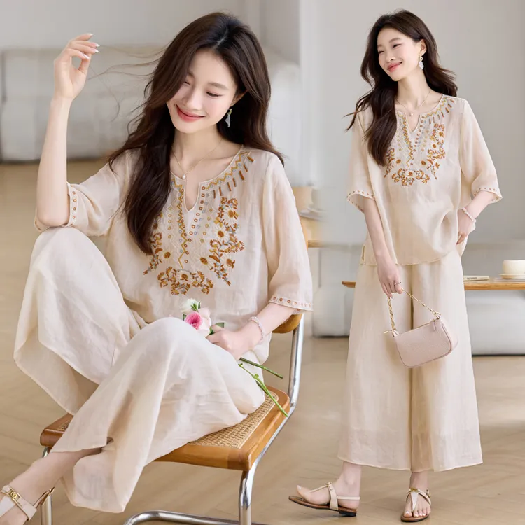 休闲风时尚套装复古刺绣新中式山本风春日慢人风