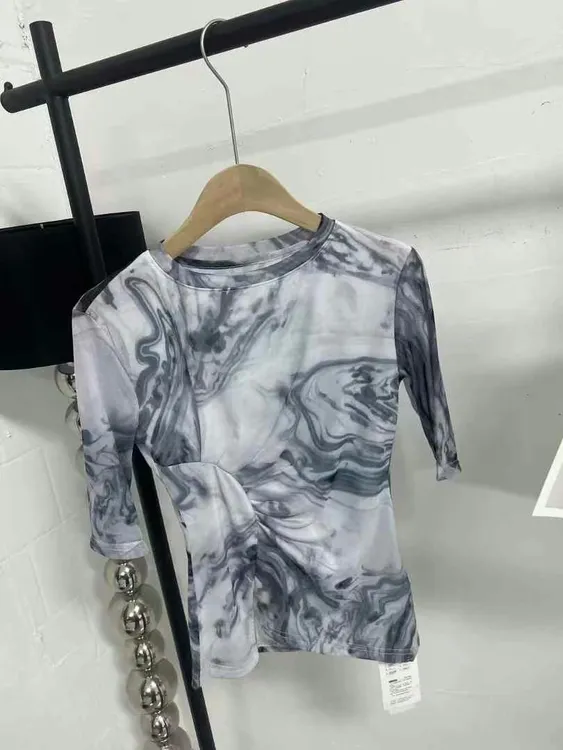 性感风圆领五分袖印花轻职风T恤扎染休闲灰色夏季女士时尚