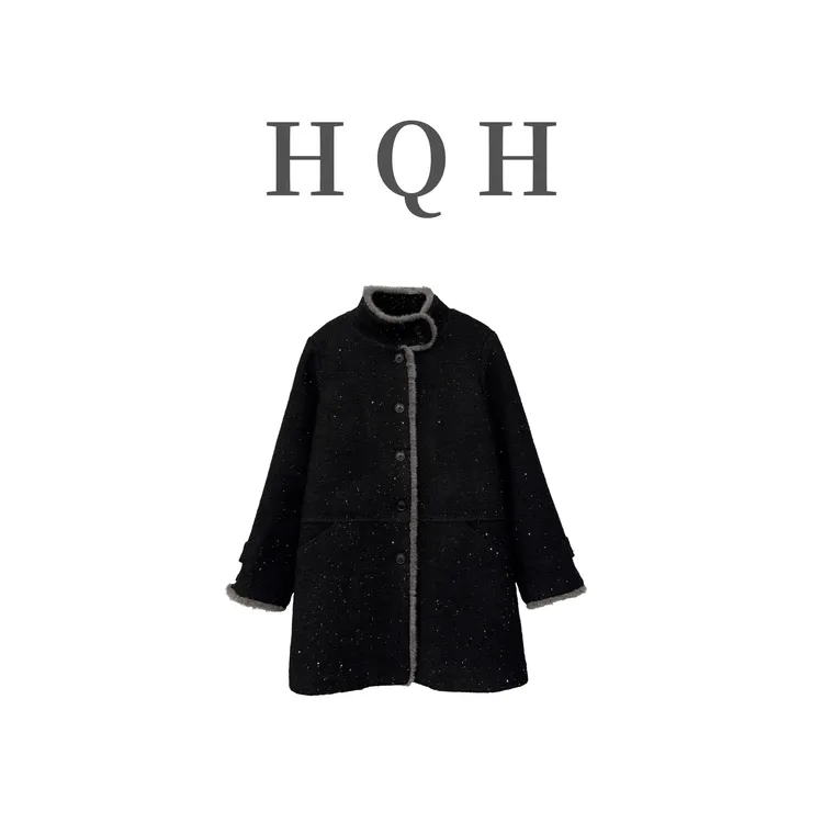 『3068#』复古小香风高级感毛呢立领黑色拼接毛条加厚夹棉显瘦外套