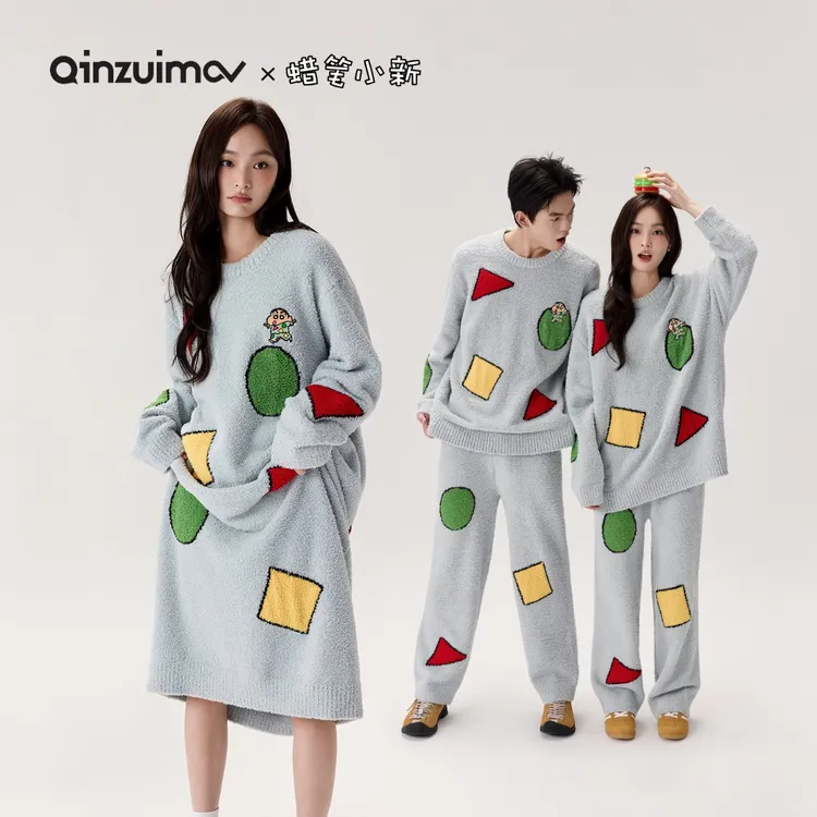 亲嘴猫【蜡笔小新】半边绒可外穿情侣卡通睡袍睡衣家居服套装秋冬