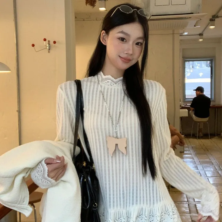 设计感长袖T恤女2025新款秋季打底衫气质蕾丝韩系慵懒松弛感上衣