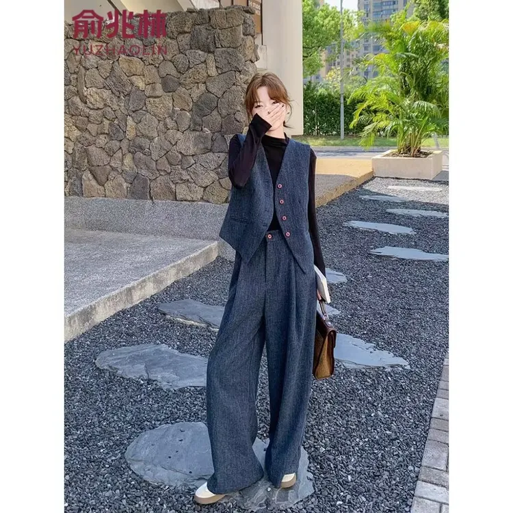 俞兆林高级感马甲套装女春秋季2025新款韩系气质通勤阔腿裤两件套
