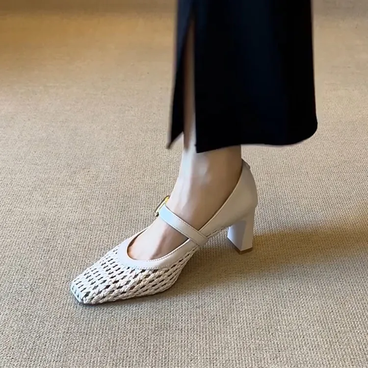 羊皮版~法式编织手工镂空外穿一字带玛丽珍凉鞋女方头通勤高跟鞋