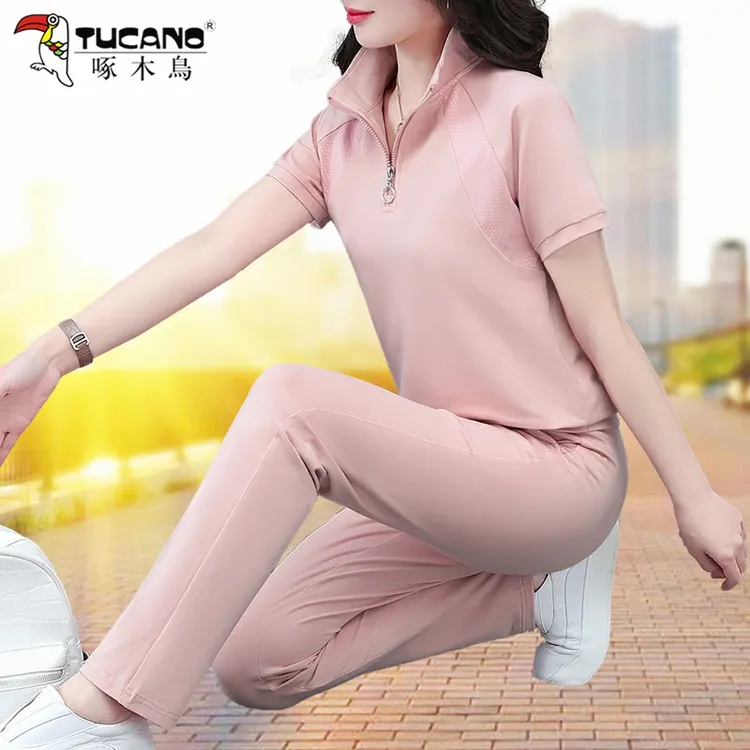 啄木鸟运动套装女薄款2025夏季新款休闲妈妈广场舞时尚夏装两件套