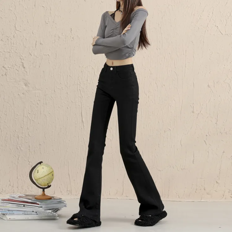 拉夏贝尔黑色高腰微喇牛仔裤女2025秋季新款修身显瘦弹力喇叭裤