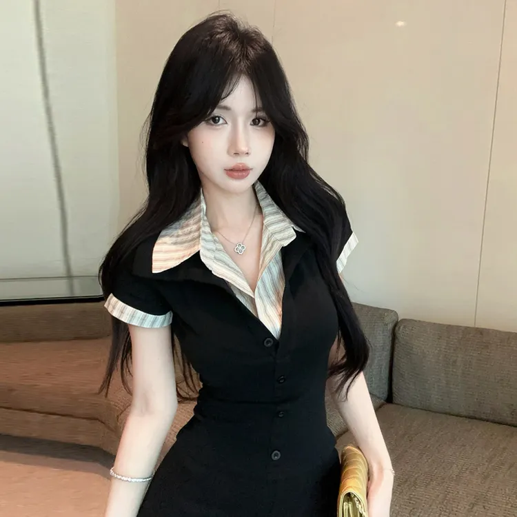 纯欲辣妹风撞色拼接两件上衣女夏季新款设计感别致修身polo领t恤