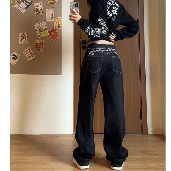 美式复古超帅做旧刺绣直筒牛仔裤女2025秋季新款慵懒风设计感裤子