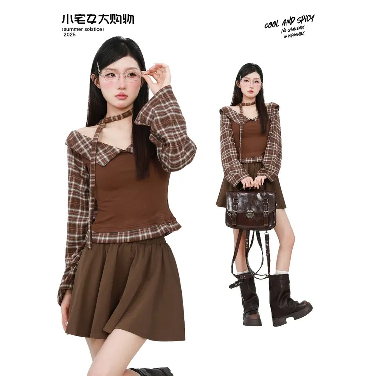 小宅女 巨好看的半身裙早秋格子长袖上衣女a字高腰半身裙两件套装