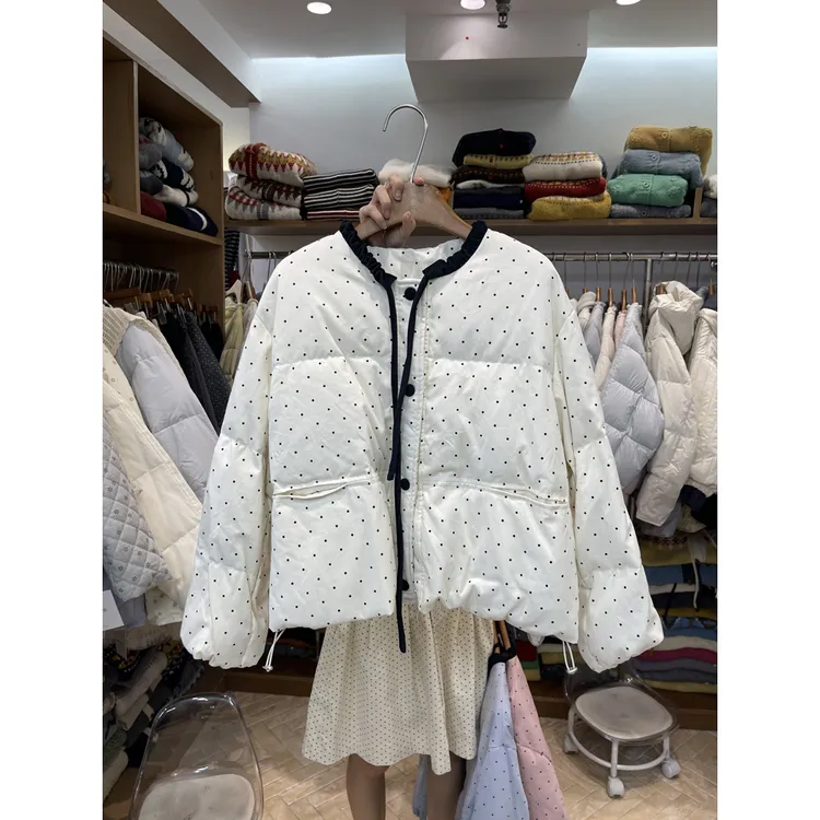 韩系蝴蝶结系带波点棉服女2025冬季新款宽松显瘦圆领面包服外套