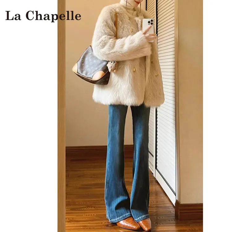 拉夏贝尔牛仔微喇裤女秋冬2025新款辣妹高腰复古不贴腿显瘦马蹄裤