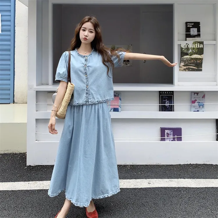 木耳边牛仔衬衫半身裙套装女夏2025新款韩系ootd流行超火两件套潮