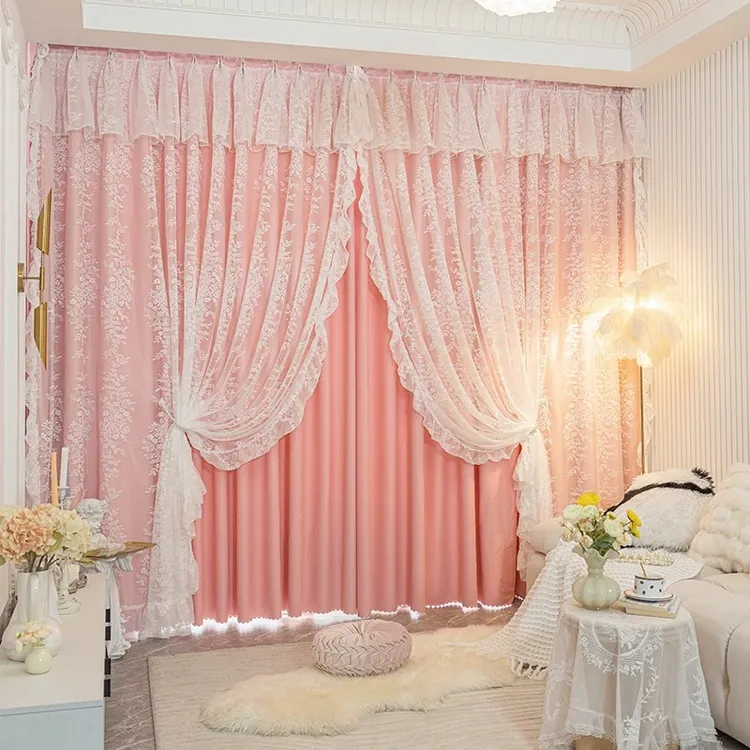 法式浪漫双层布纱一体遮光窗帘客厅公主风成品卧室客厅蕾丝花边