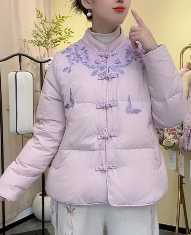 双十二主推羽绒服加厚秋冬厚款女装2025单排扣中国风刺绣上衣