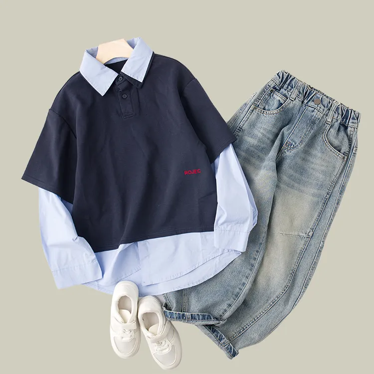 吴小越w1016男童春装翻领套头衬衣棉t恤长袖中大童儿童外套