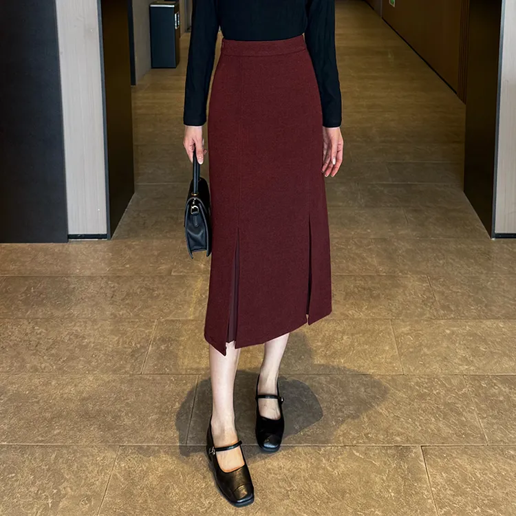 秋冬款毛呢裙呢子半身裙女高腰时尚裙子步步生花开叉鱼尾裙包臀裙