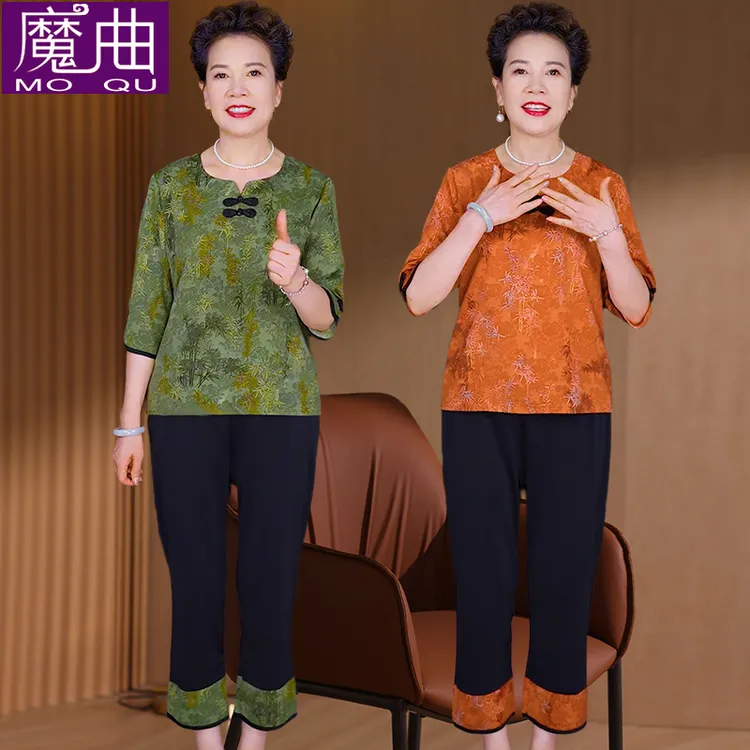 中老年人夏装套装女奶奶半袖T恤妈妈宽松衣服老太太夏天透气小衫