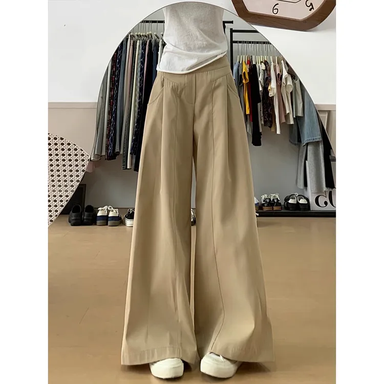 韩系慵懒风卡其色阔腿裤女秋季新款高腰显瘦直筒裤宽松休闲拖地裤