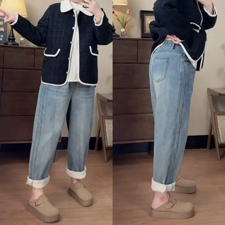 梨形显瘦大码女装复古蓝九分哈伦老爹牛仔裤子冬加绒女士洋气减龄