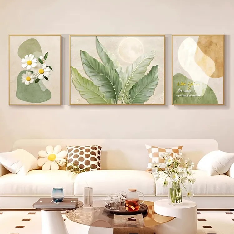 奶油风客厅装饰画小清新绿植沙发背景墙挂画2025新款三联墙面壁画
