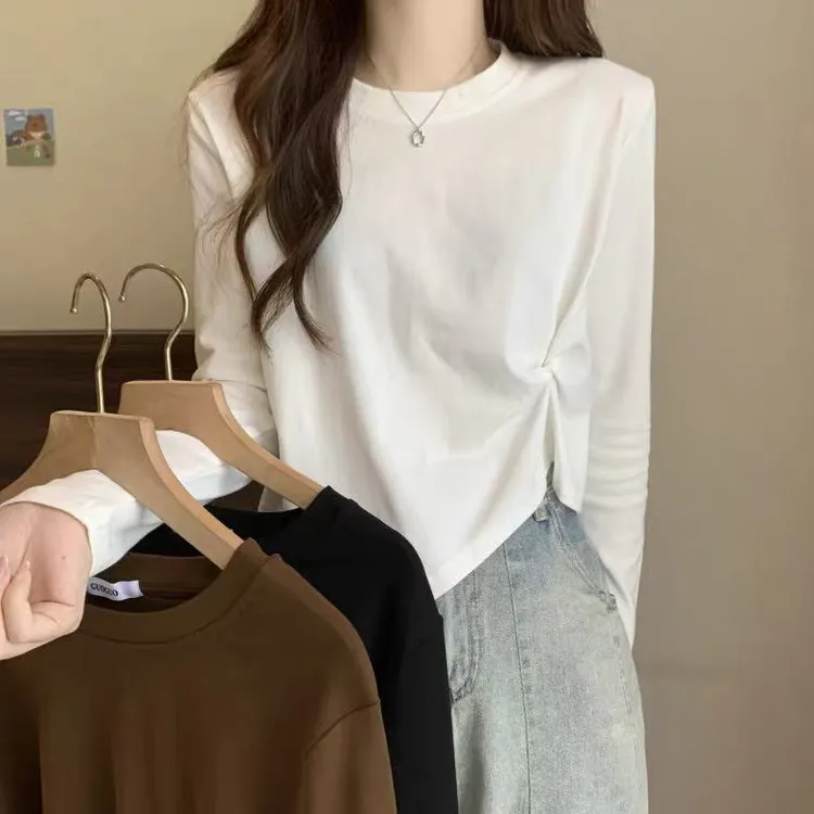 百搭白色长袖t恤女秋季新款大码胖mm打底衫宽松遮肚子不规则上衣