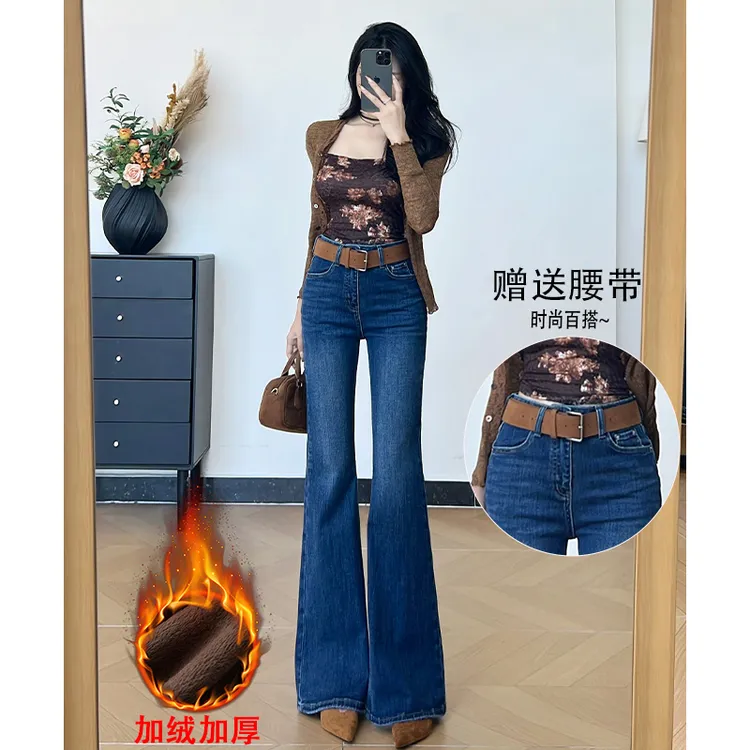 乔栈秋冬新款加绒蓝色设计感小个子微喇牛仔裤女2025修身显瘦喇叭