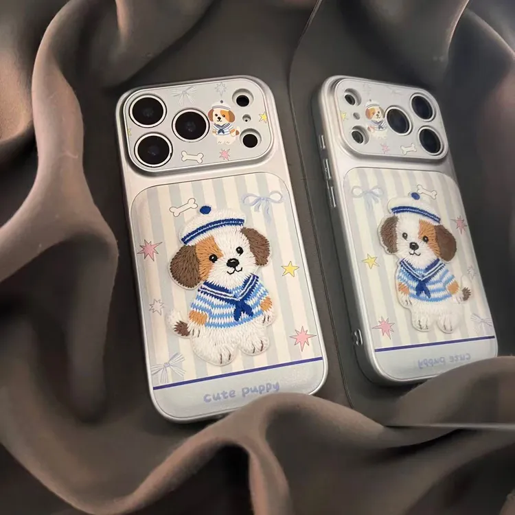 卡通蓝白条纹刺绣海军小狗适用苹果17promax手机壳16可爱15少女14