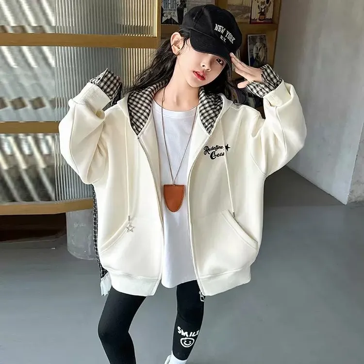 女童外套春秋款2025新款春装儿童宽松休闲服女孩连帽夹克衫中大童