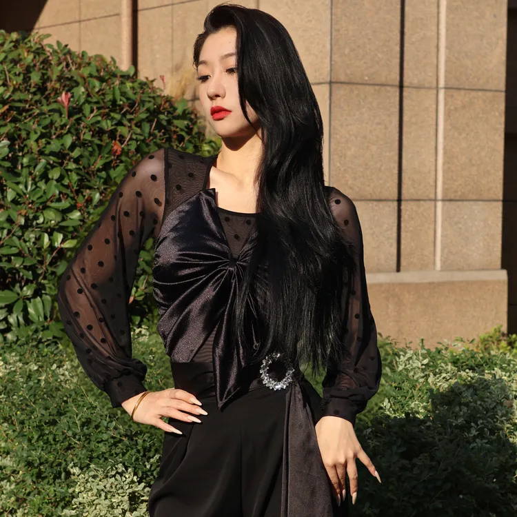 Tina舞服经典丝绒黑波点设计师款绸缎蝴蝶结上衣长袖性感A19
