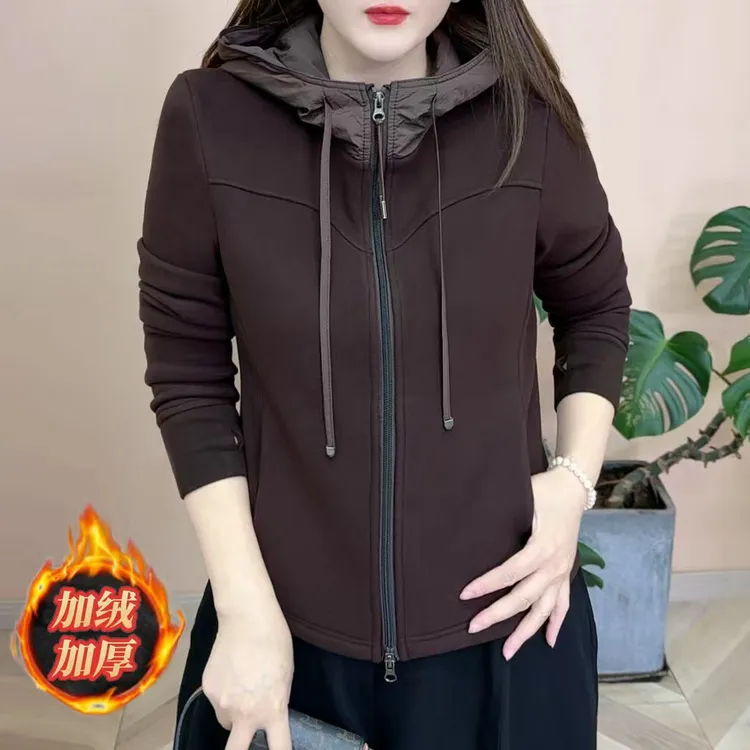 2025冬季新品时尚百搭双面绒加绒加厚连帽外套女士长袖上衣8299