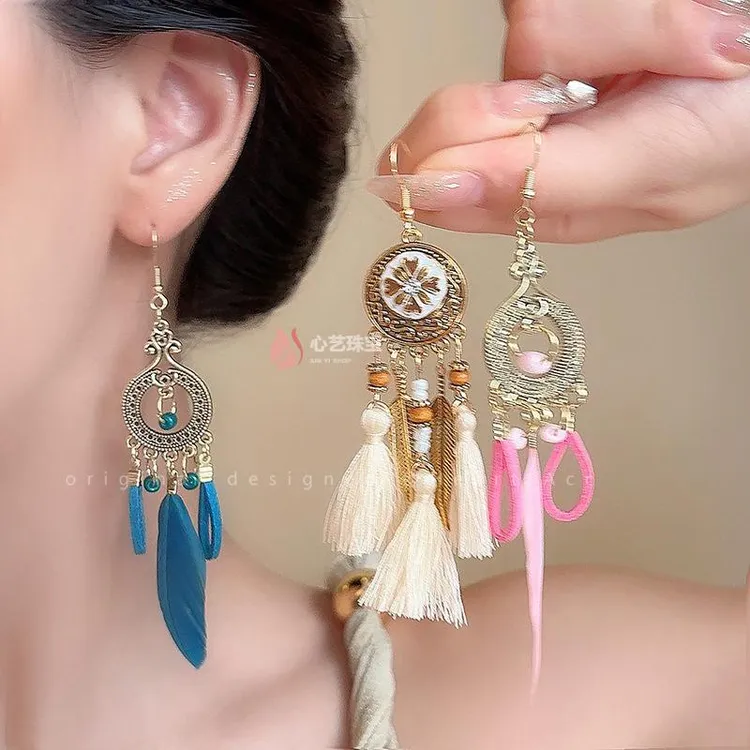 合金羽毛耳饰新中式民族风复古羽毛耳环女小众时尚气质长款流苏设